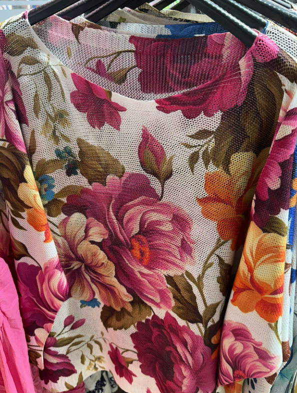 Fuchsia Floral Round Neck Knit Printed Sweater