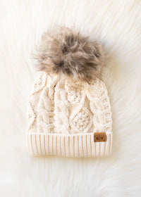 Solid Cable Knit Hat with Pom