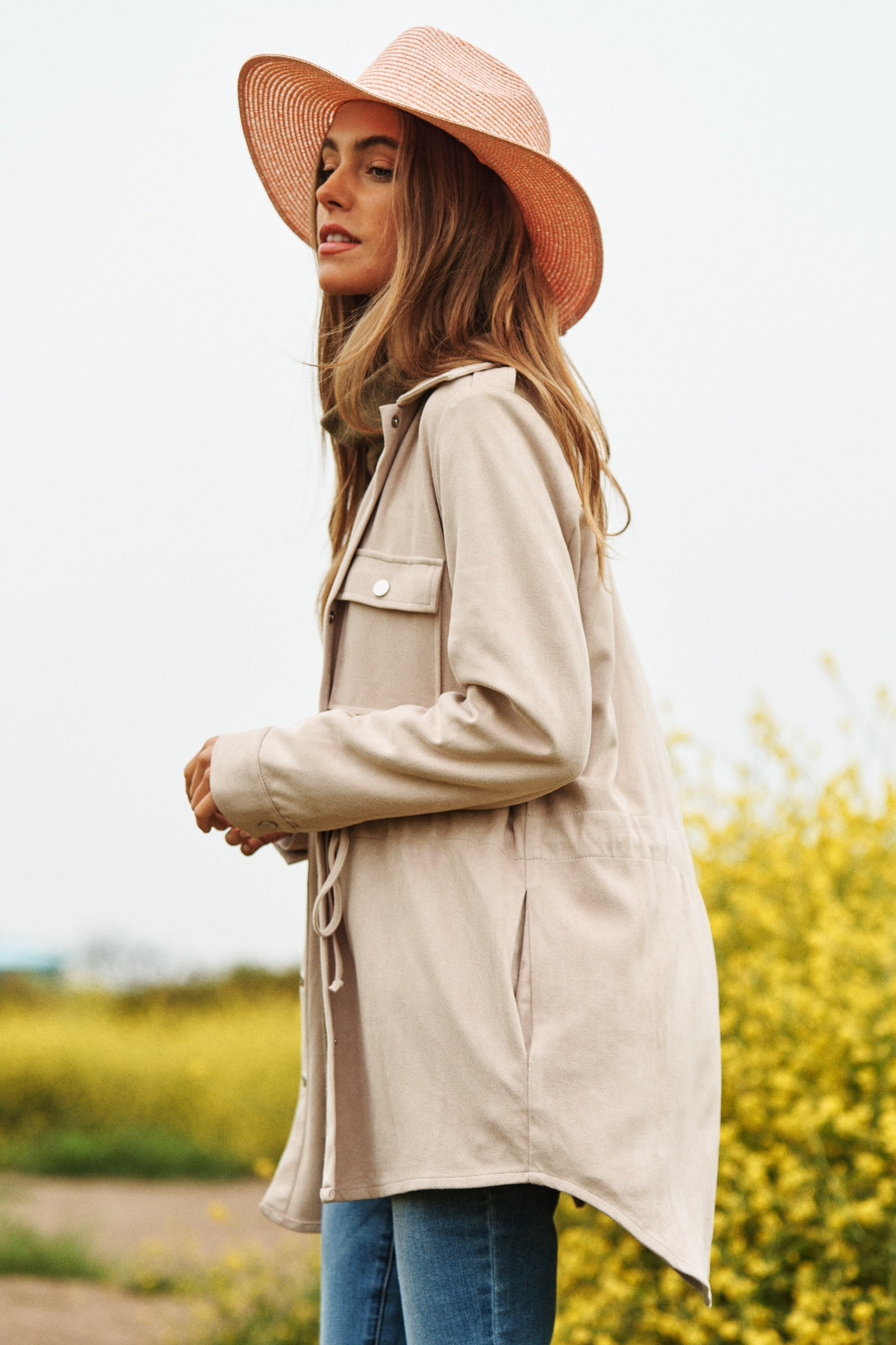 Faux Suede Snap with Drawstring Waist