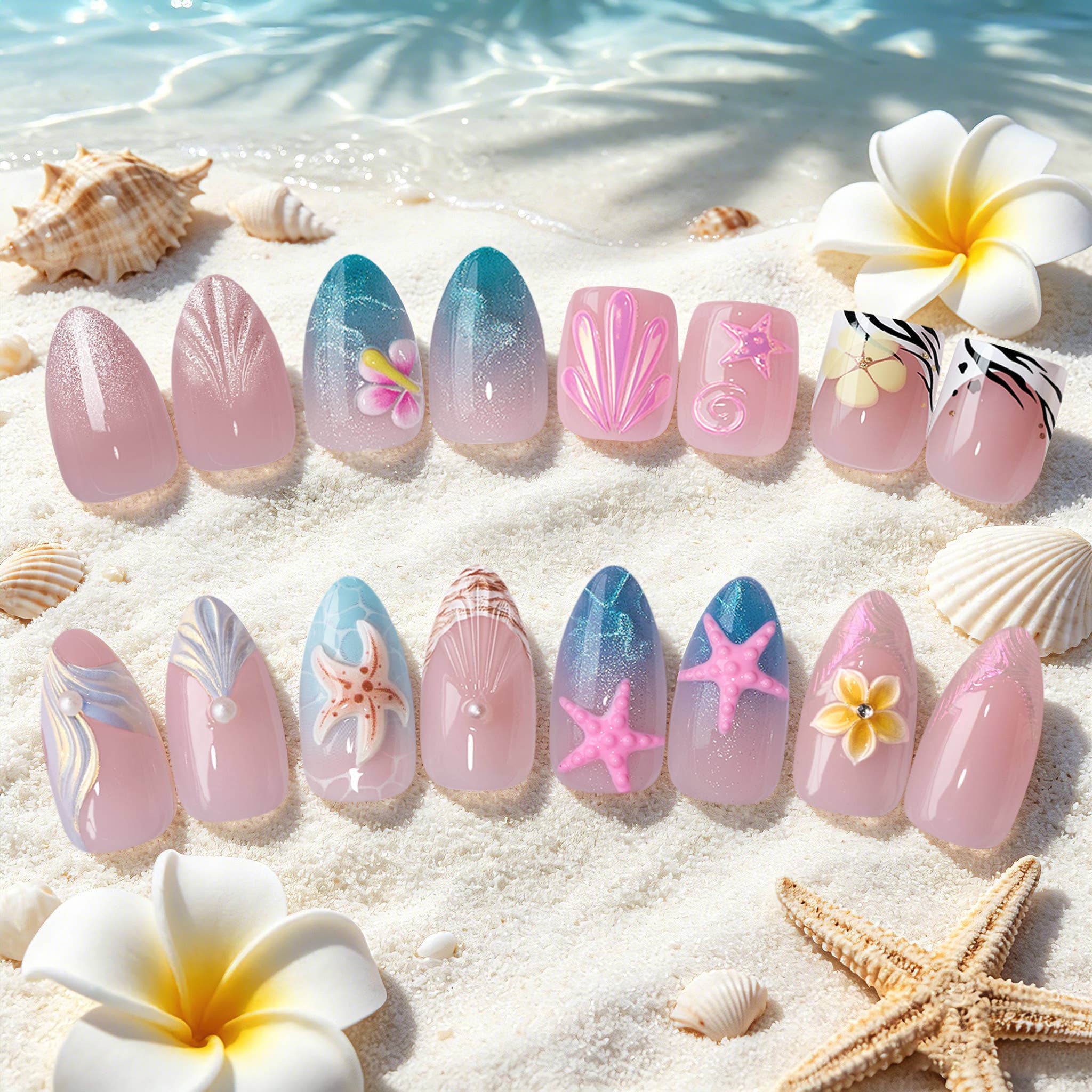 Summer Beach Blue Fake Nails-3D Starfish Shell French Design: Dotted Overalls