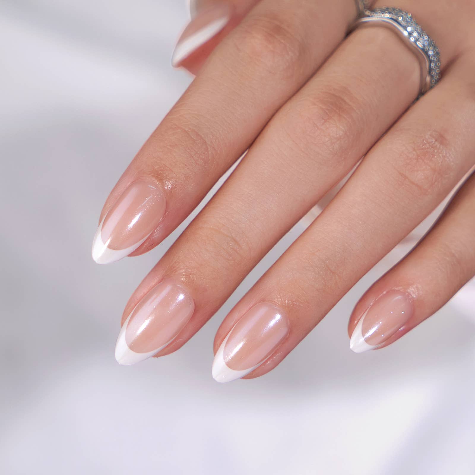 Short Oval French Tip Nails Press On - 30 Stick On Nails Kit: Silken Halo