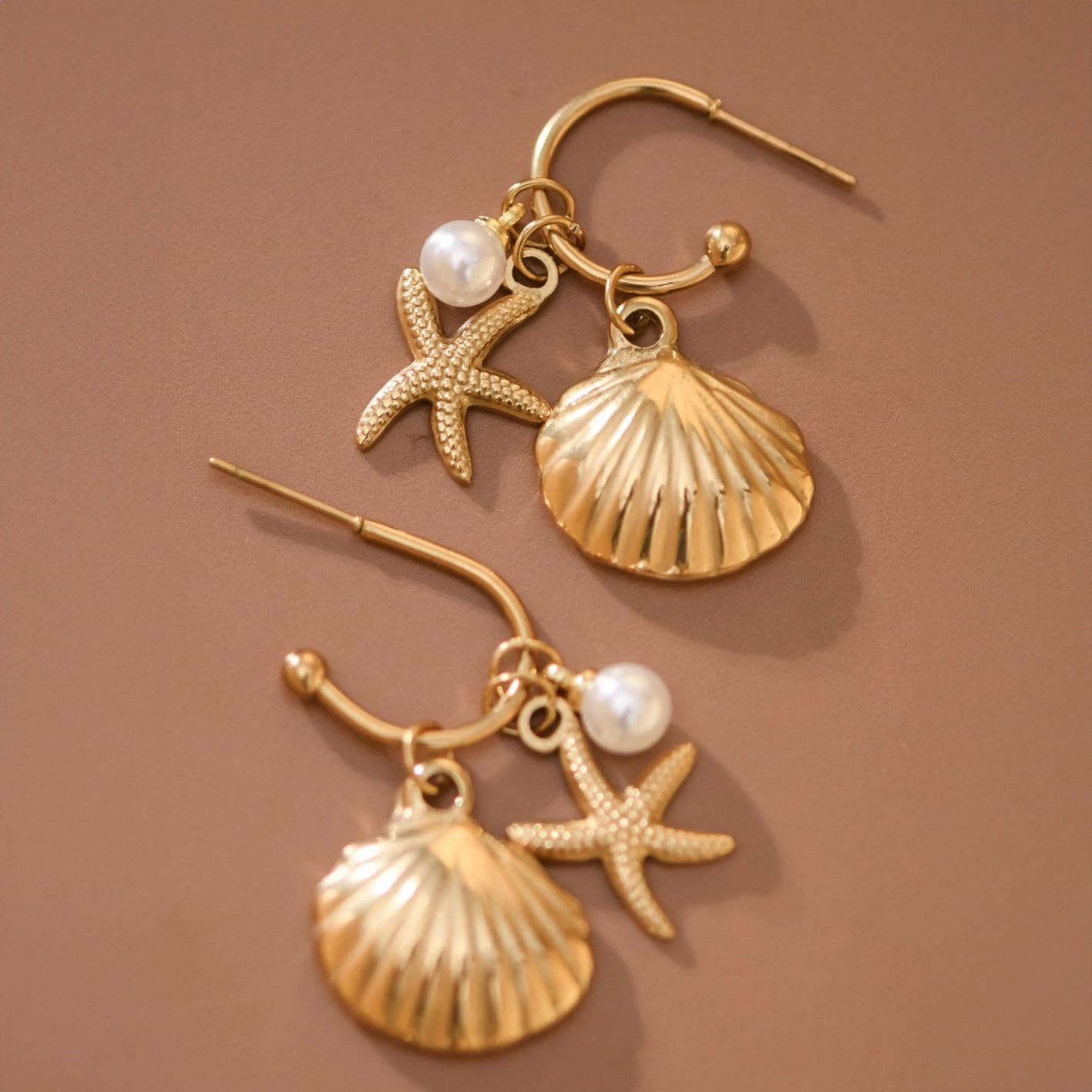 Shell and Starfish and Pearl Earrings