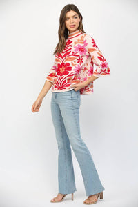 BOLD FLORAL PATTERN MOCK NECK SWEATER