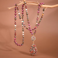 Stone Beaded Long Necklace, Large Stone Pendant