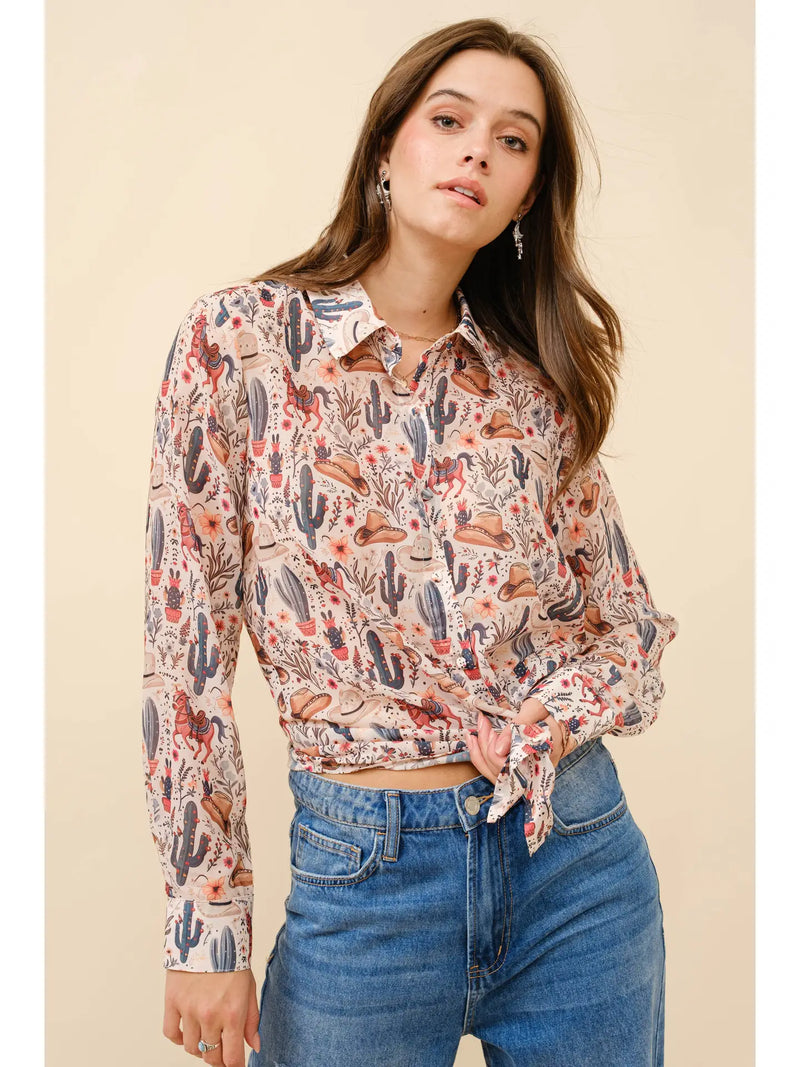 Western Print Chiffon Button Up Blouse
