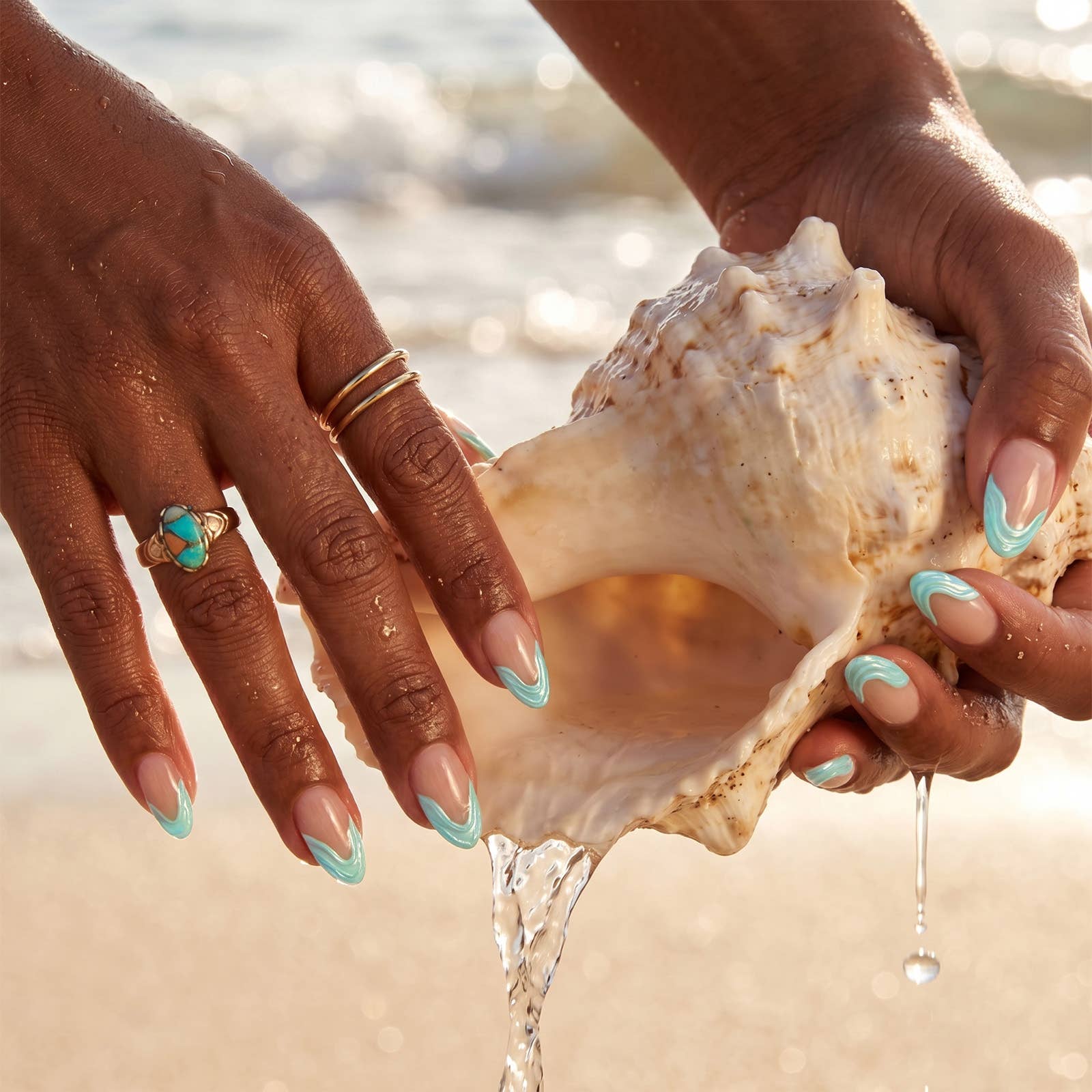 Summer Beach Blue Fake Nails-3D Starfish Shell French Design: Dotted Overalls