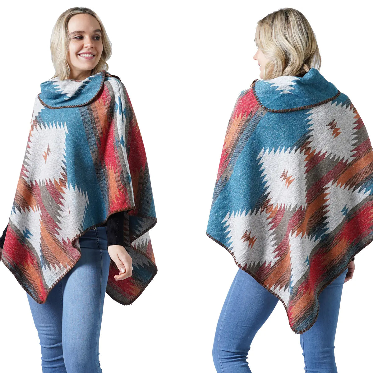 Black & Teal & Brown Western Print Cowl Neck Poncho