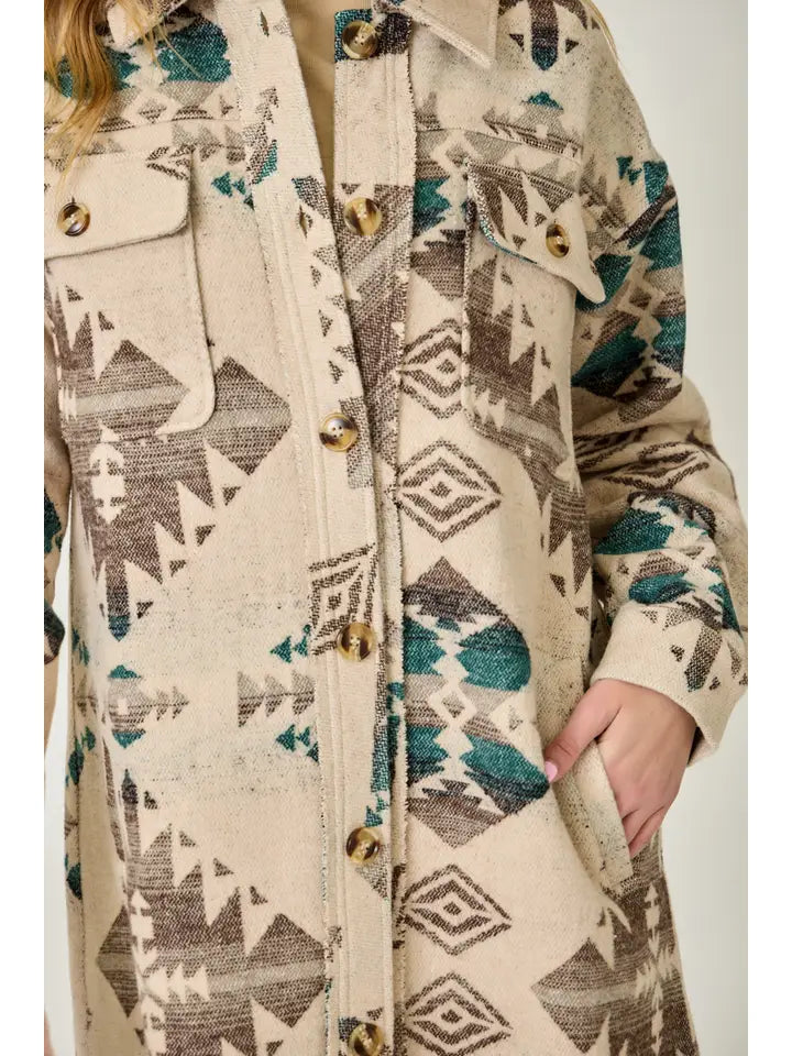 Fringe Placket Aztec Long Jacket