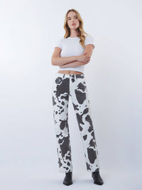 HIGH RISE FULL LENGTH COW PRINT WIDE JEANS