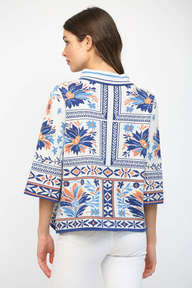 PATCHWORK PATTERN MOCK NECK SWEATER