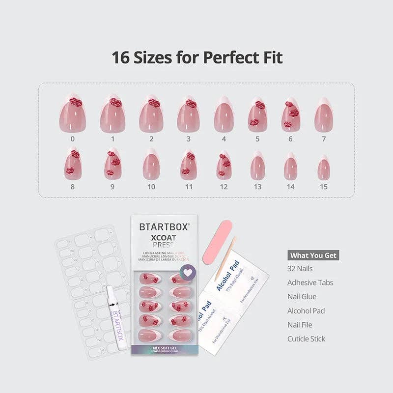 French Tip Press On Nails- Almond 3D Red Lips Valentine Nail: Date Night