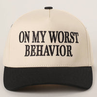 ON MY WORST BEHAVIOR Embroidered Trucker Hat: DENIM / One Size