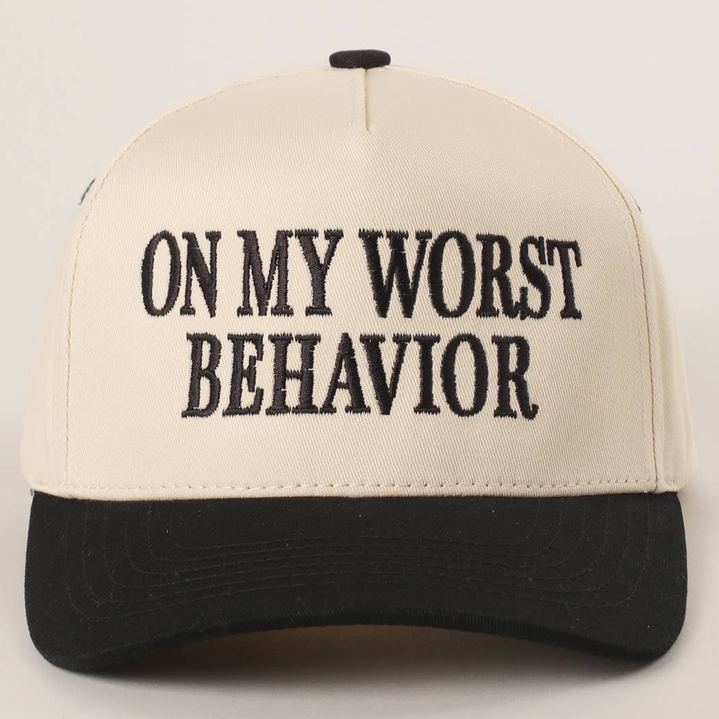 ON MY WORST BEHAVIOR Embroidered Trucker Hat: DENIM / One Size