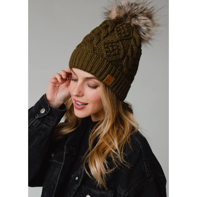 Solid Cable Knit Hat with Pom