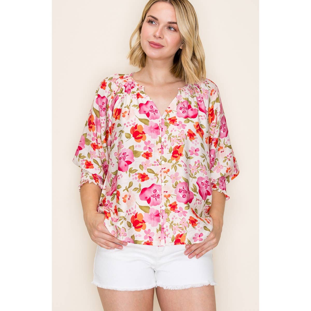 3Q SMOCKED CUFF SLEEVE FLORAL PRINT TOP: FUCHSIA