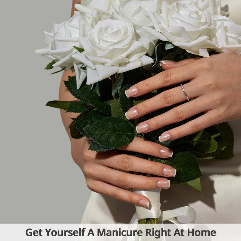 Chrome French Tip Press On Nails- BTARTBOX Square Fake Nails: Evening Attire