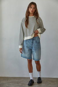 Knit Cotton Striped Crew Neck Long Sleeve Top