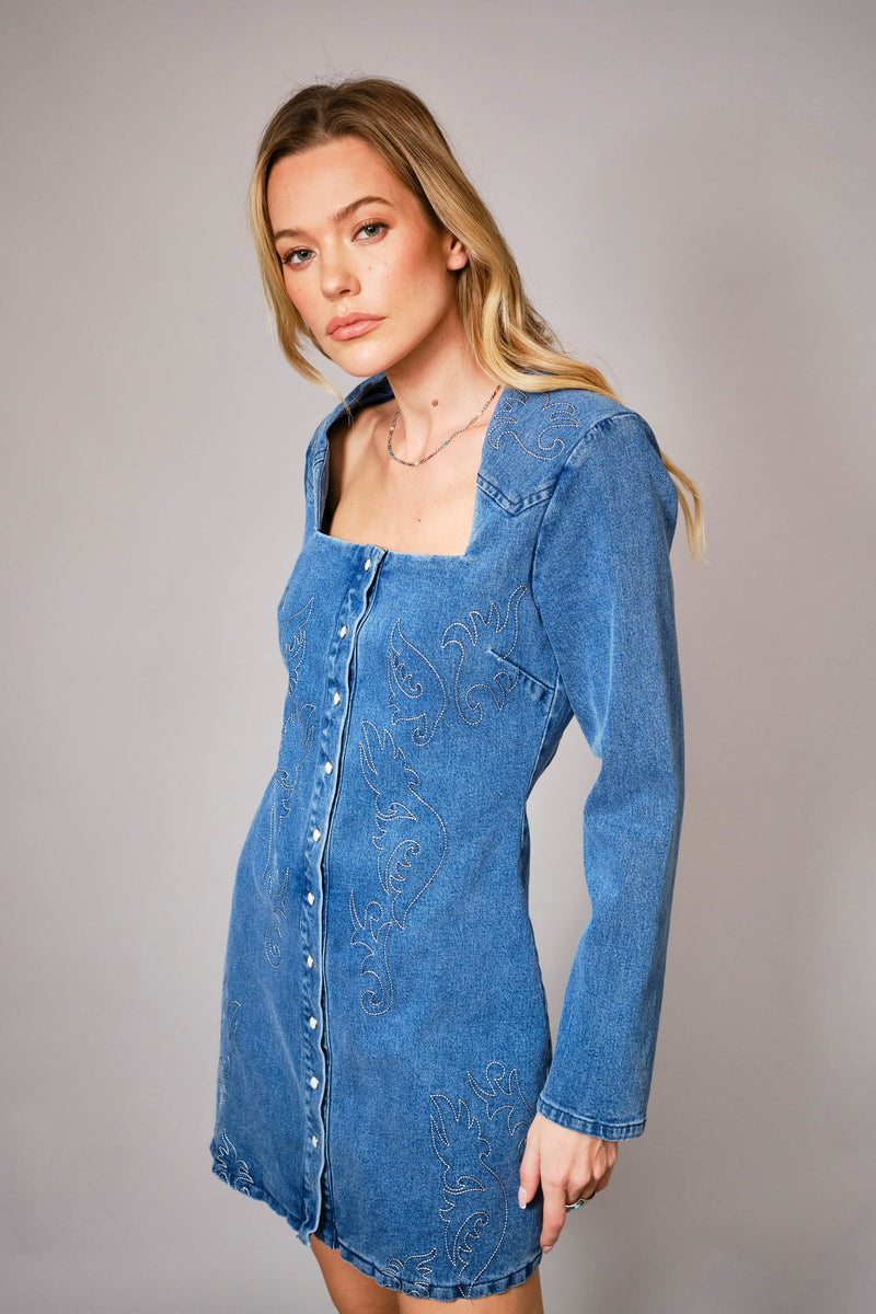 Embroidered Snap Front Denim Minidress