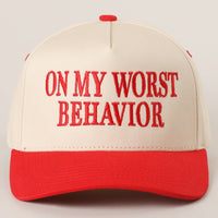 ON MY WORST BEHAVIOR Embroidered Trucker Hat: DENIM / One Size