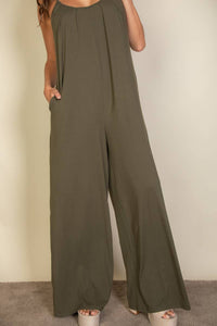 Spaghetti strap solid wide jumpsuit: Olive