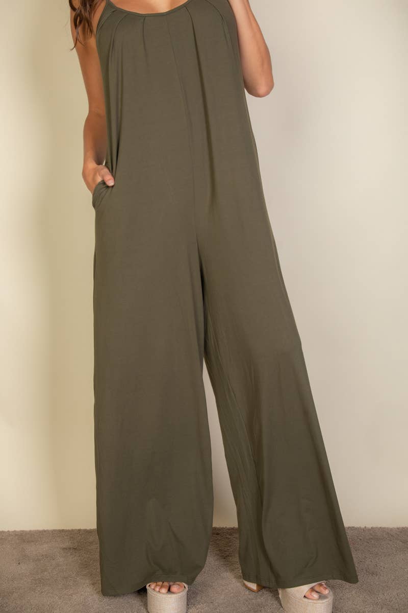 Spaghetti strap solid wide jumpsuit: Olive