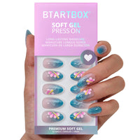 3D Petals Blue Cat Eye Nails -Soft Gel Short Almond Press On