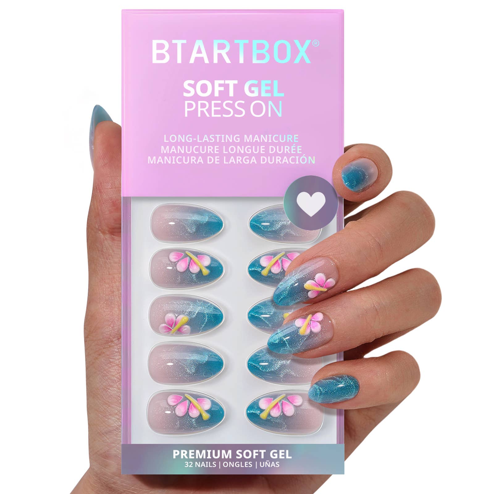 3D Petals Blue Cat Eye Nails -Soft Gel Short Almond Press On