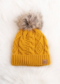 Solid Cable Knit Hat with Pom