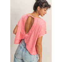 Acid Washed Cross Detail Open Back Top: TAFFY PINK