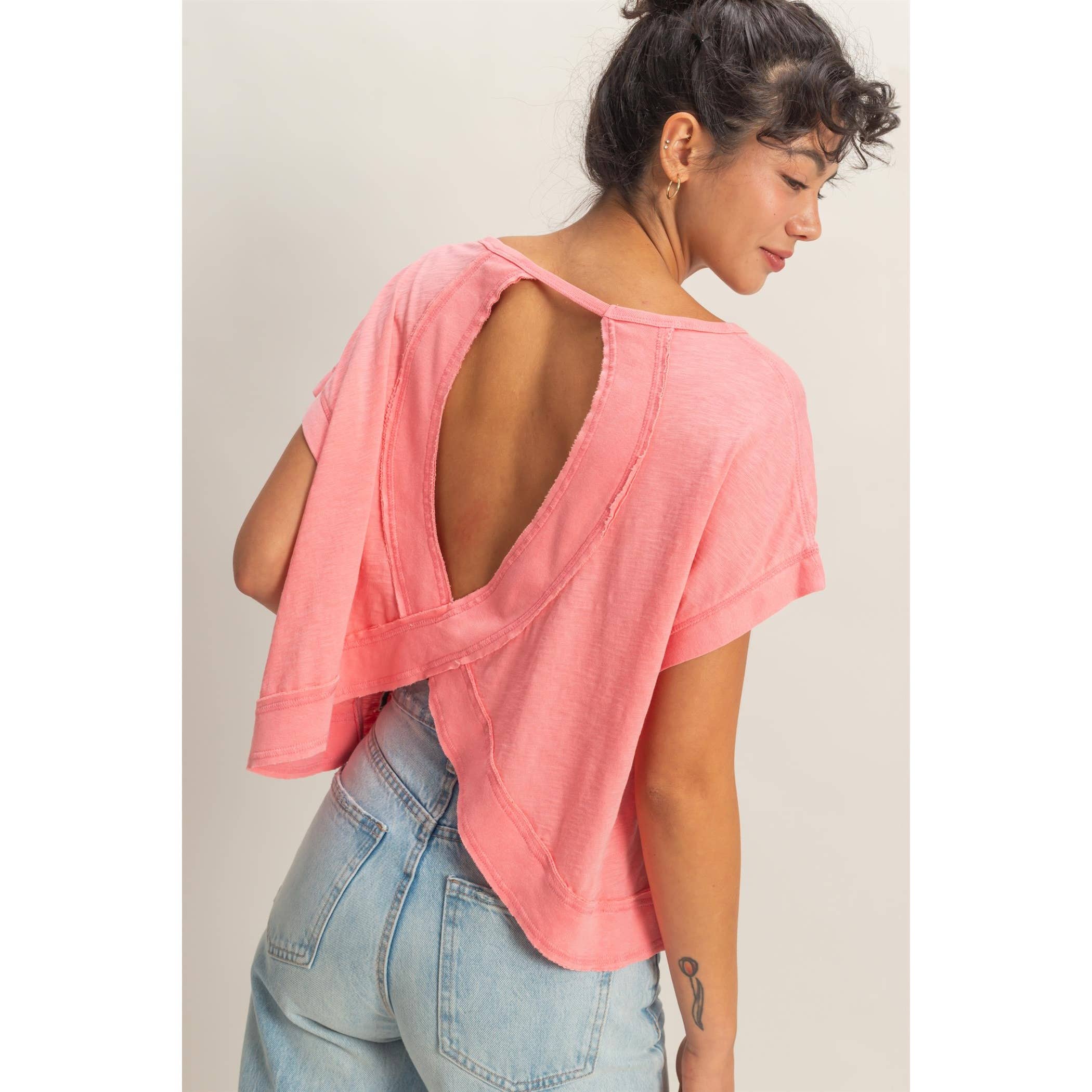 Acid Washed Cross Detail Open Back Top: TAFFY PINK