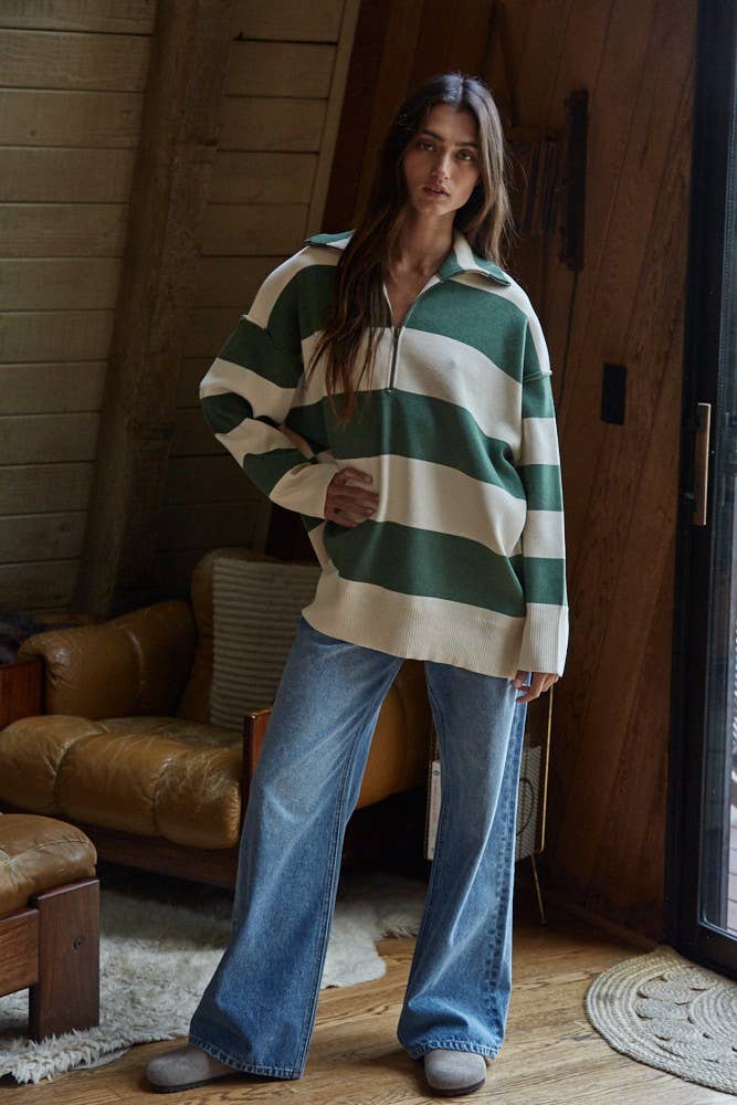 Knit Striped Turtleneck Half Zip Up Top