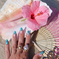 3D Petals Blue Cat Eye Nails -Soft Gel Short Almond Press On