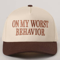 ON MY WORST BEHAVIOR Embroidered Trucker Hat: DENIM / One Size