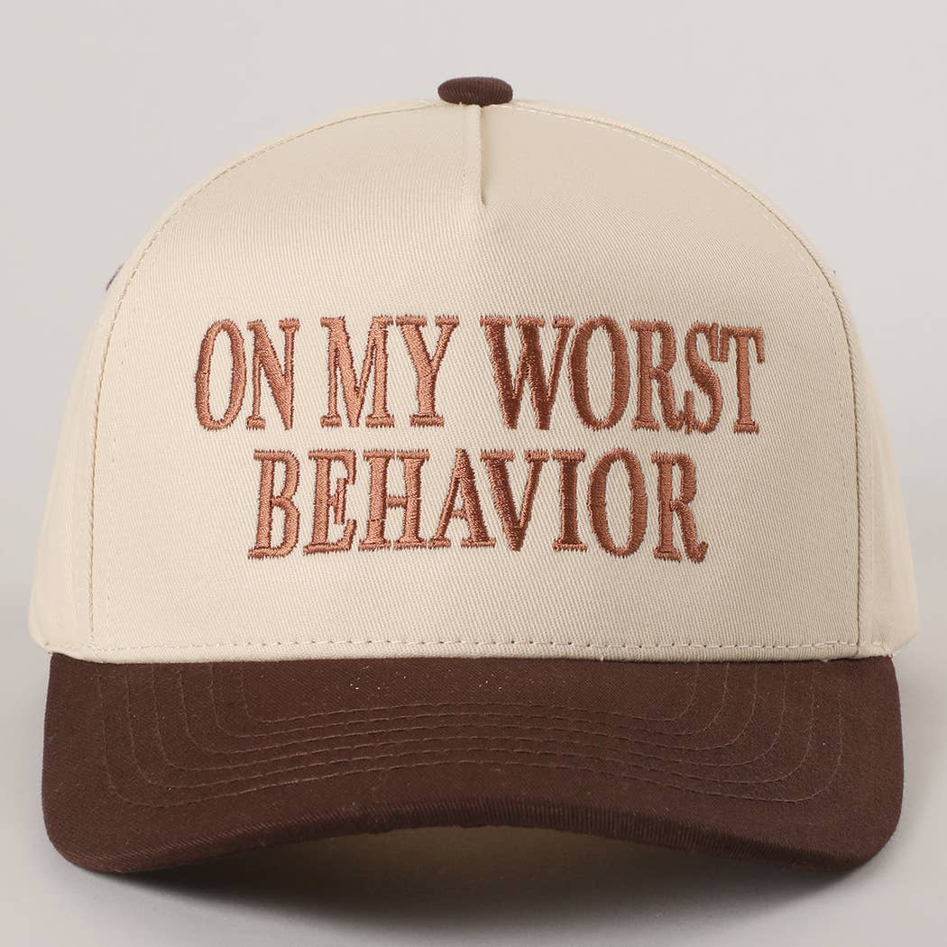 ON MY WORST BEHAVIOR Embroidered Trucker Hat: DENIM / One Size