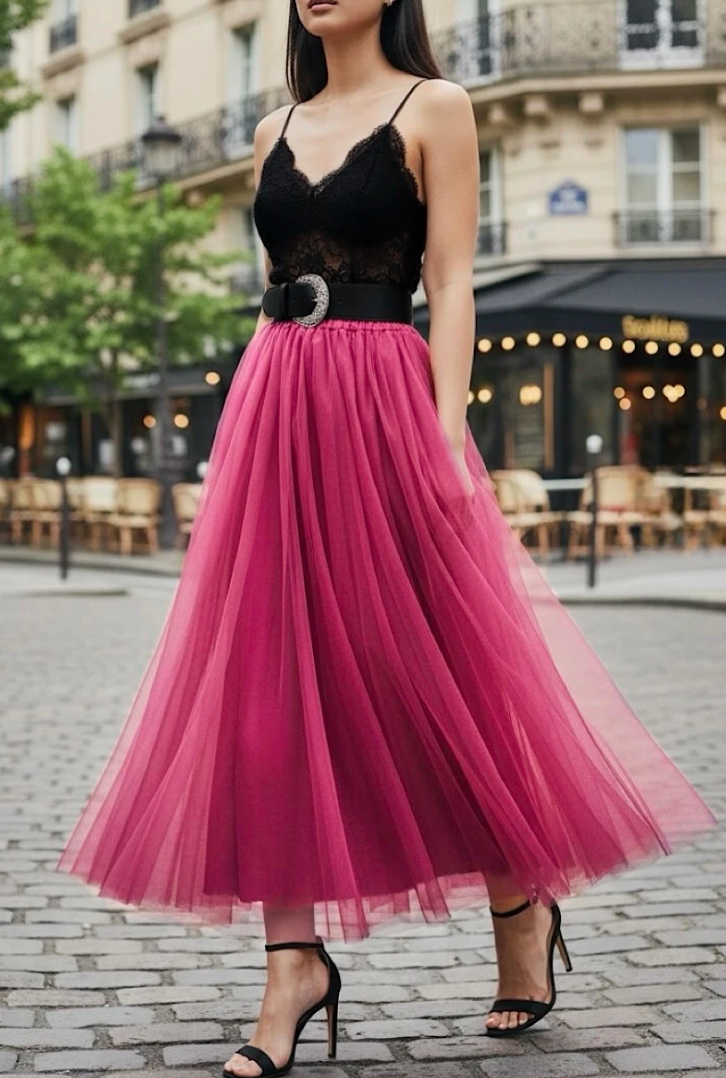 One Size Fuchsia Italian Tulle Midi Skirt