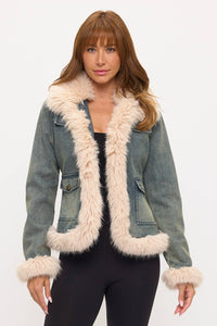 Vintage Chic Faux Fur Trim Denim Jacket