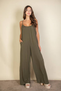 Spaghetti strap solid wide jumpsuit: Olive