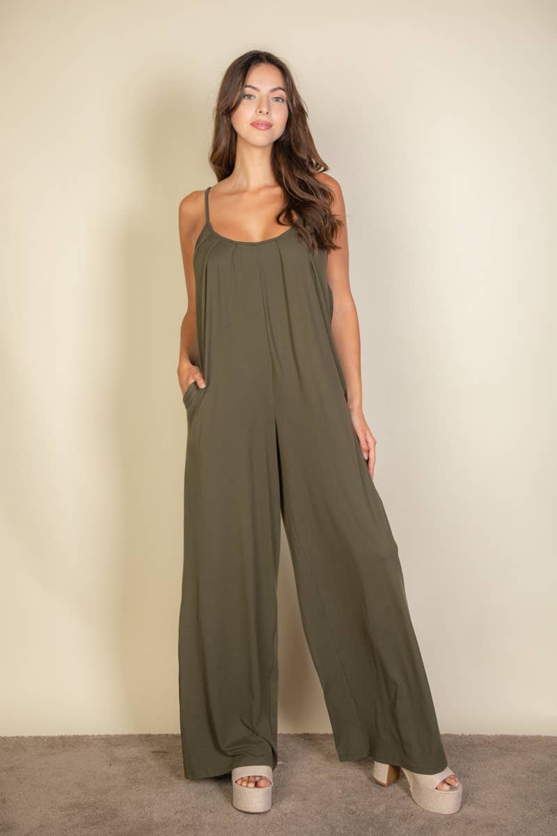 Spaghetti strap solid wide jumpsuit: Olive