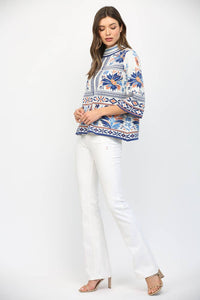 PATCHWORK PATTERN MOCK NECK SWEATER