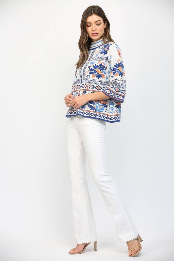 PATCHWORK PATTERN MOCK NECK SWEATER