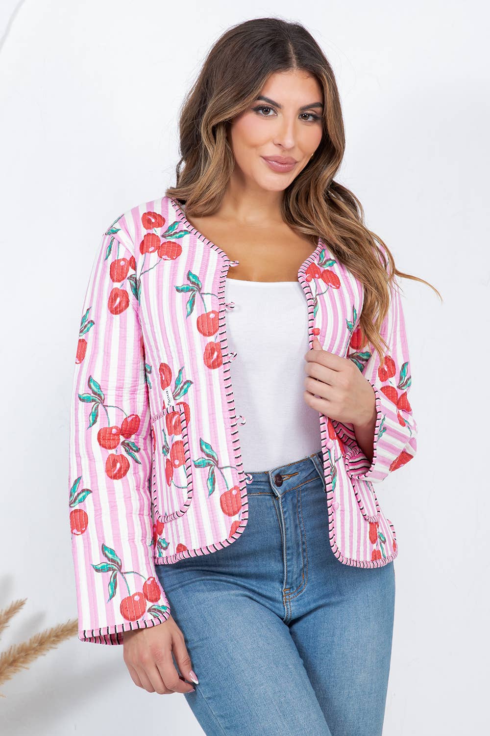 Cherry Print Reversible Quilted Cotton Jacket: S