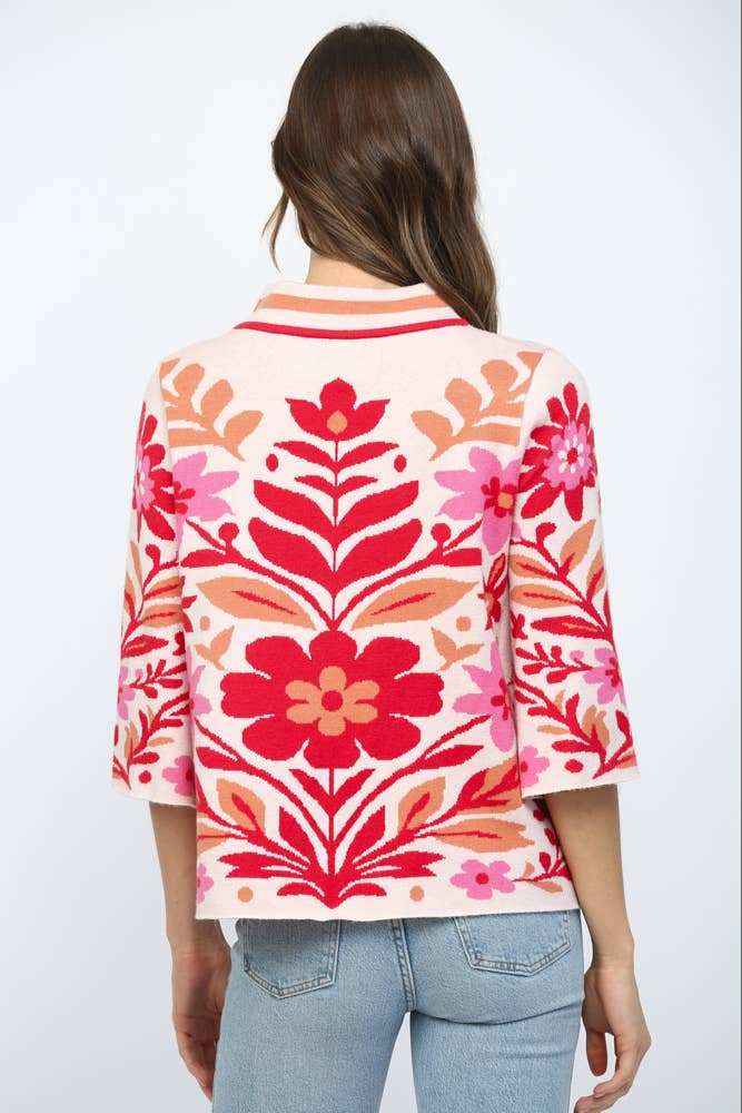 BOLD FLORAL PATTERN MOCK NECK SWEATER