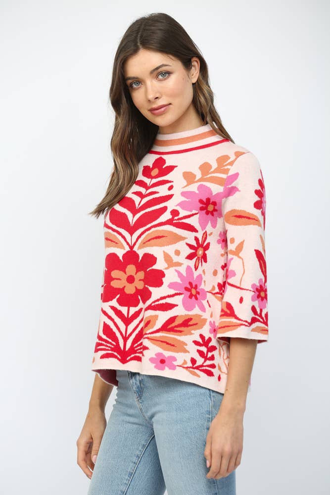 BOLD FLORAL PATTERN MOCK NECK SWEATER