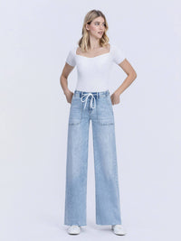 HIGH RISE DRAWSTRING WAISTBAND WIDE LEG JEANS