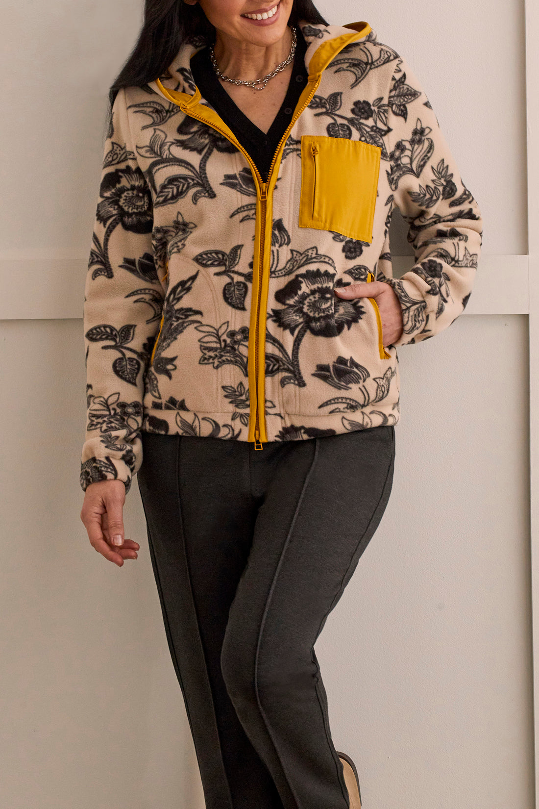 Floral Zip Front Fleece Jacket