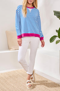 Striped Crew Neck with Pink Cuff