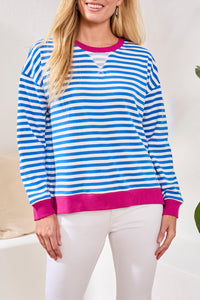 Striped Crew Neck with Pink Cuff