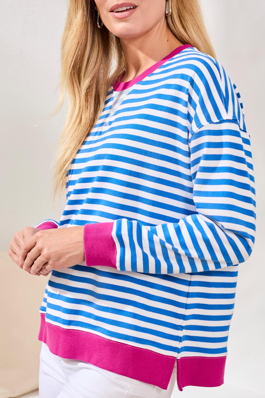Striped Crew Neck with Pink Cuff