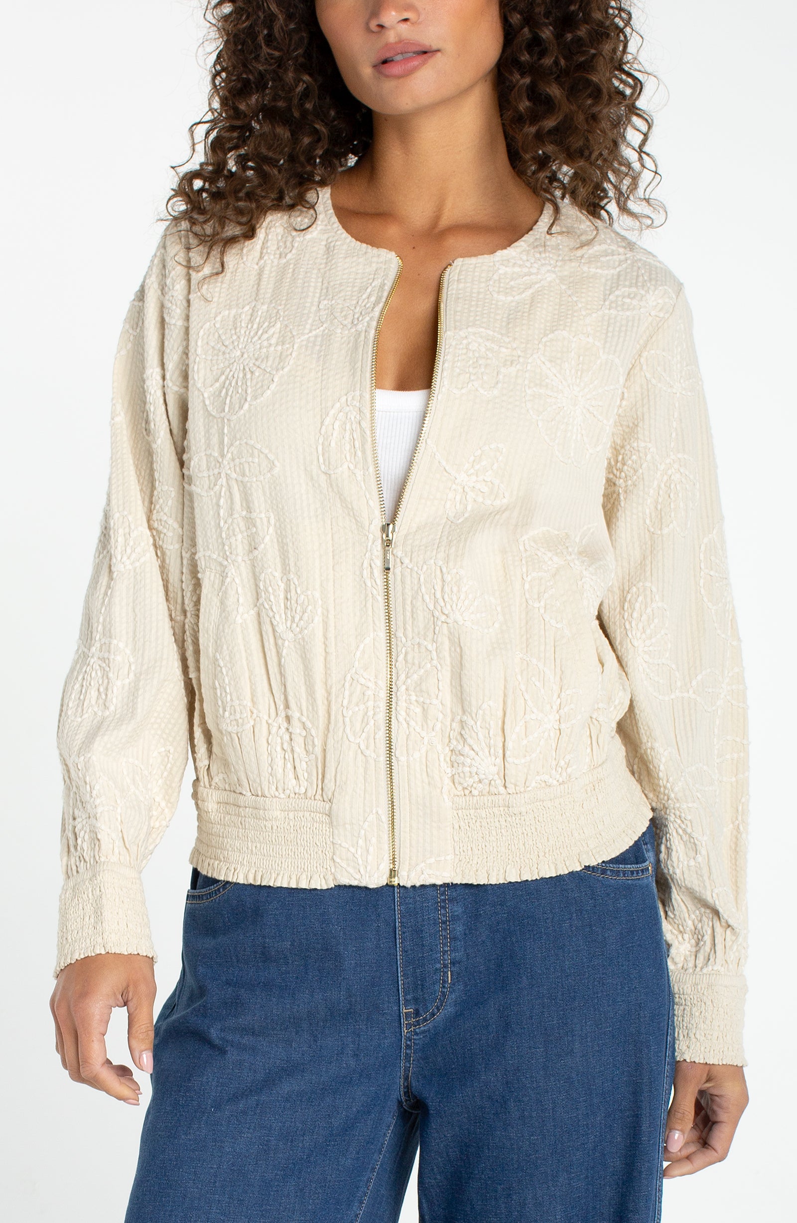 Smocked Collarless Summer Jacket