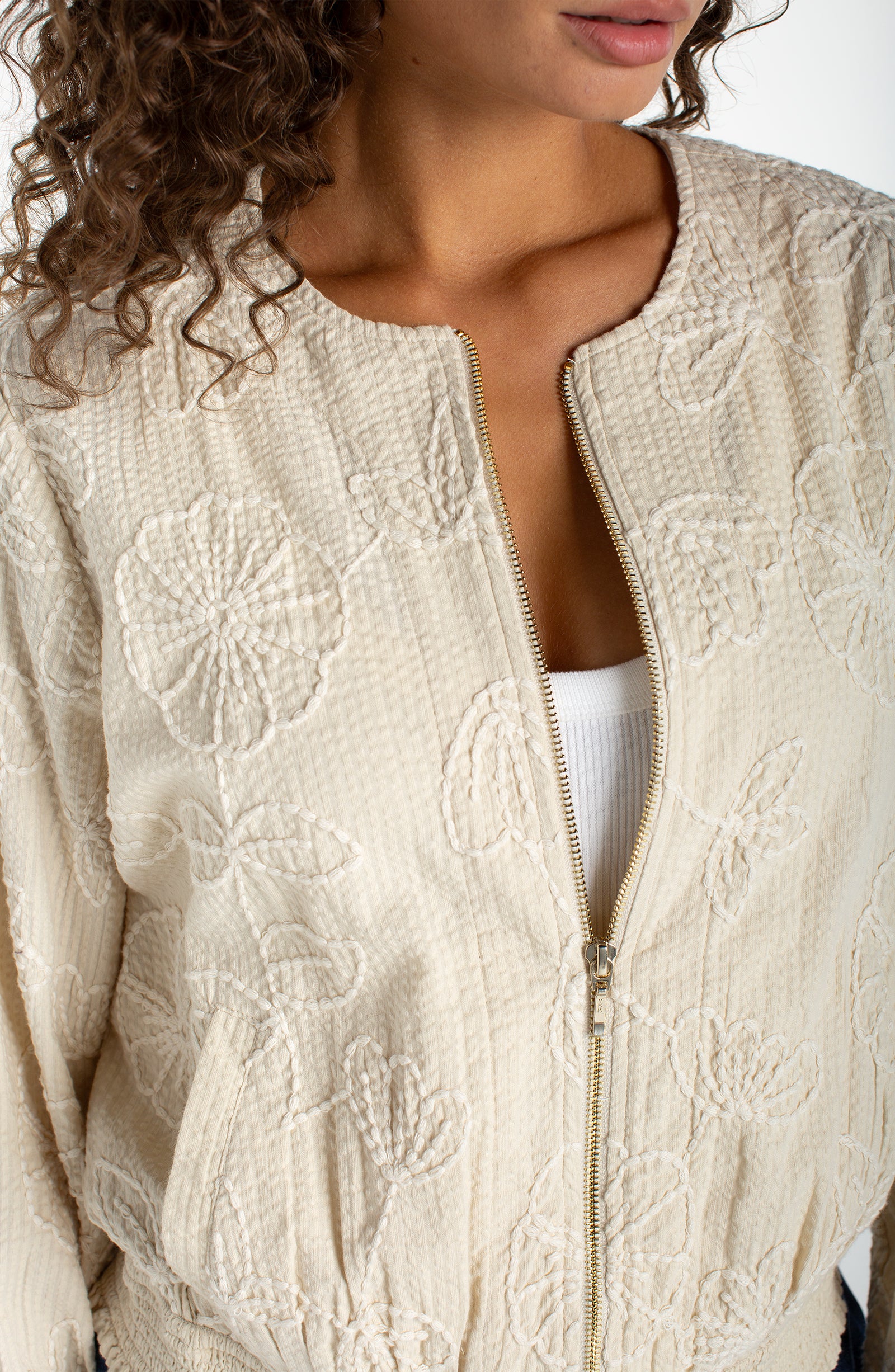 Smocked Collarless Summer Jacket